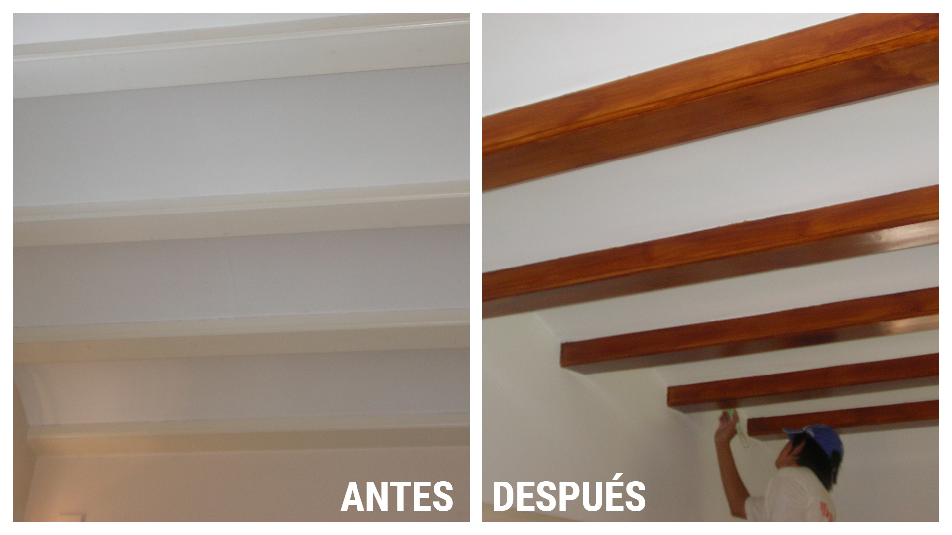 Vigas de madera, antes y después de ser pintadas